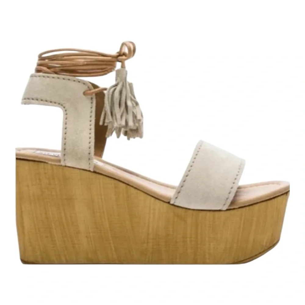 Steve Madden Shannon Suede Leather Tassel Ankle Tie Wooden Platform Wedge Size 9